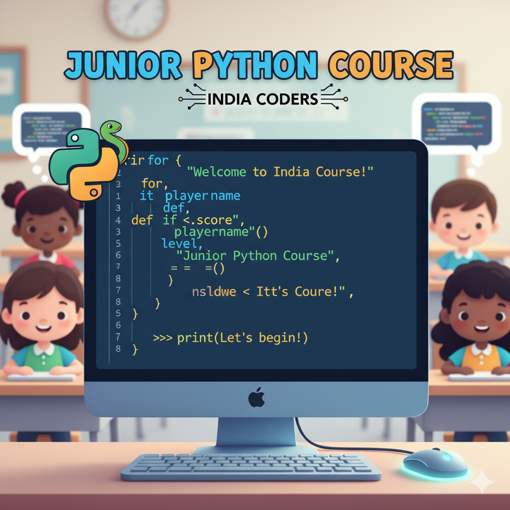 Illustration of Python code on a computer screen for the Junior Python Course